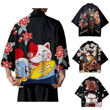 Four KittyNook Cat Co. Elegant Kimono Cat Cloaks with sakura samurai floral prints, shown from the back.